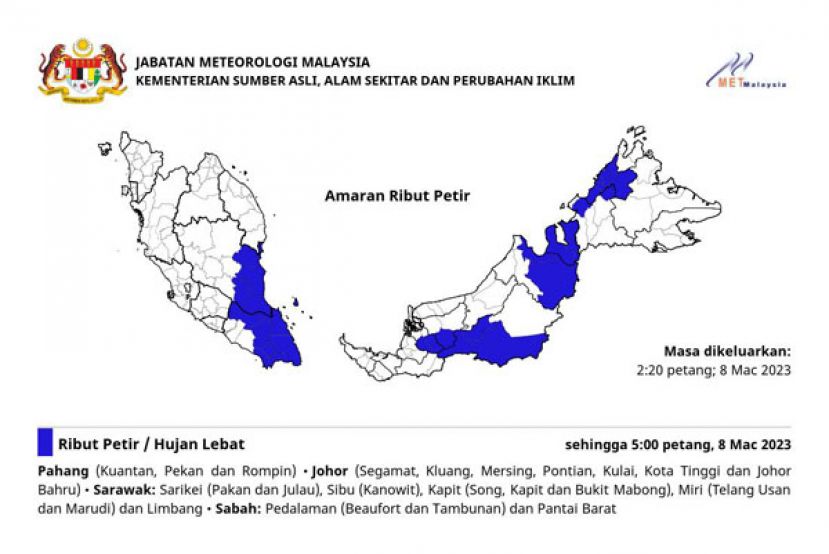雷雨来袭，柔佛、彭亨、沙巴和砂拉越部分地区受影响