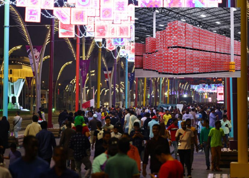 为期29天的卡达世界杯足球赛预计吸引超过100万球迷前往观赛。小图为百威遭到禁酒令波及，大量库存堆积在仓库内。