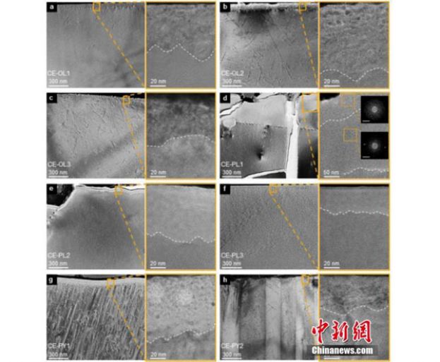 记者2022年9月12日从中国科学院地球化学研究所获悉，通过对嫦娥五号月壤样品研究，发现嫦娥五号矿物表层中存在高含量的水，来源于太阳风的注入作用，其主要以OH的形式存在。嫦娥五号矿物表层显微结构的TEM图。