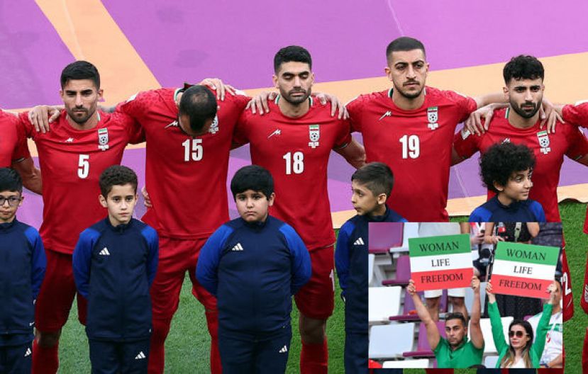 伊朗队在世界杯比赛拒唱国歌。小图为伊朗球迷在卡达的哈里发体育馆观众席高举标语。