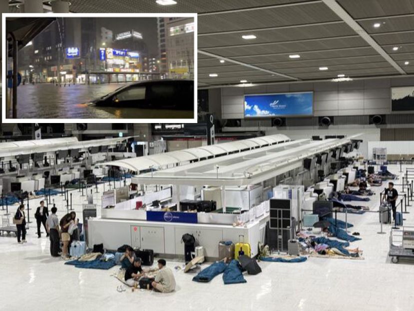 高达7000名旅客被迫滞留机场航厦。小图为千叶市JR苏我站淹水。