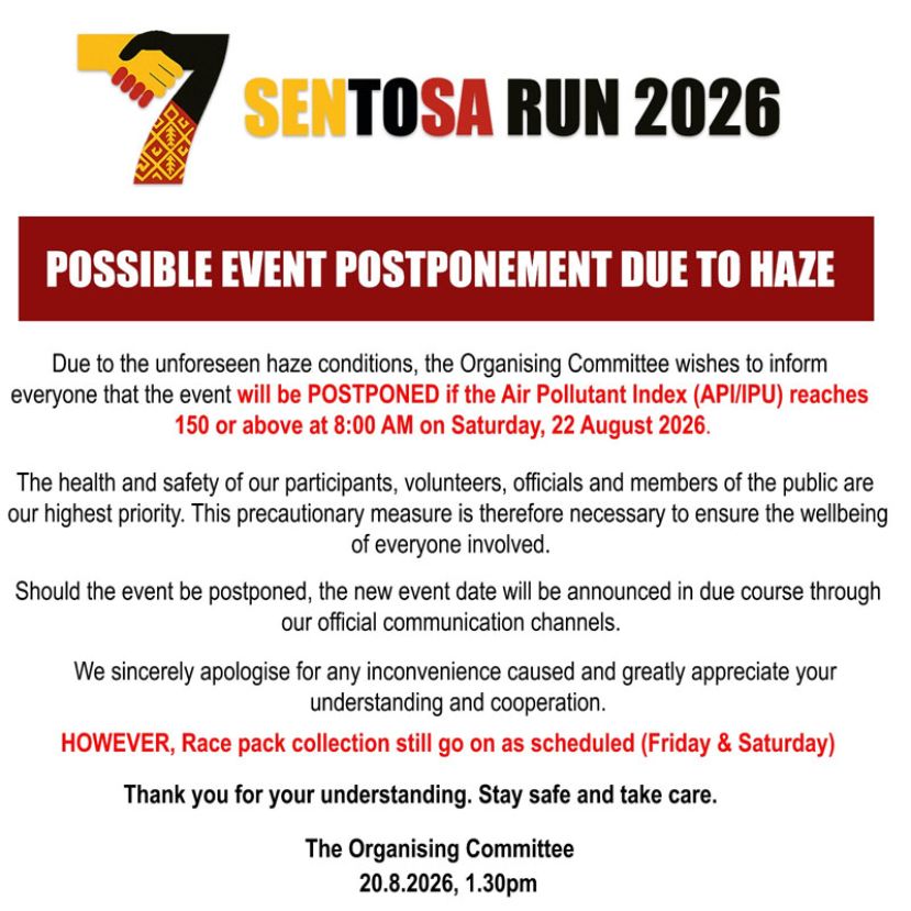 烟霾影响Sentosa Run 2026或延期　空气污染指数若周六上午8时达150或以上将展延