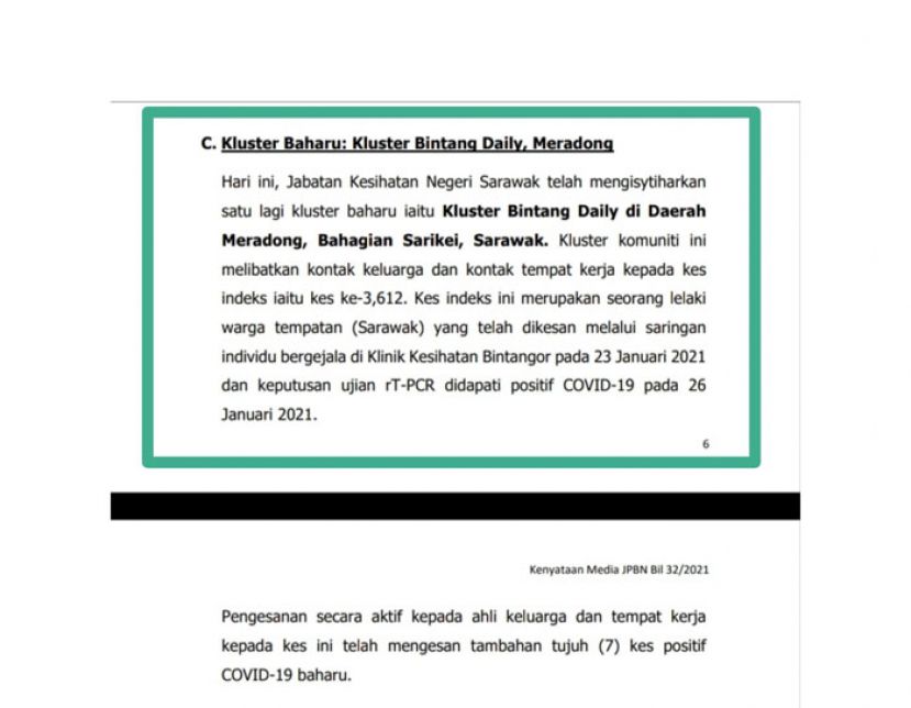 马拉端出现Bintang Daily新感染群。