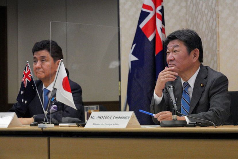 中国警告澳洲，对日本应小心谨慎。图为2021年日澳外交部长及国防部长的2加2磋商视讯会议。