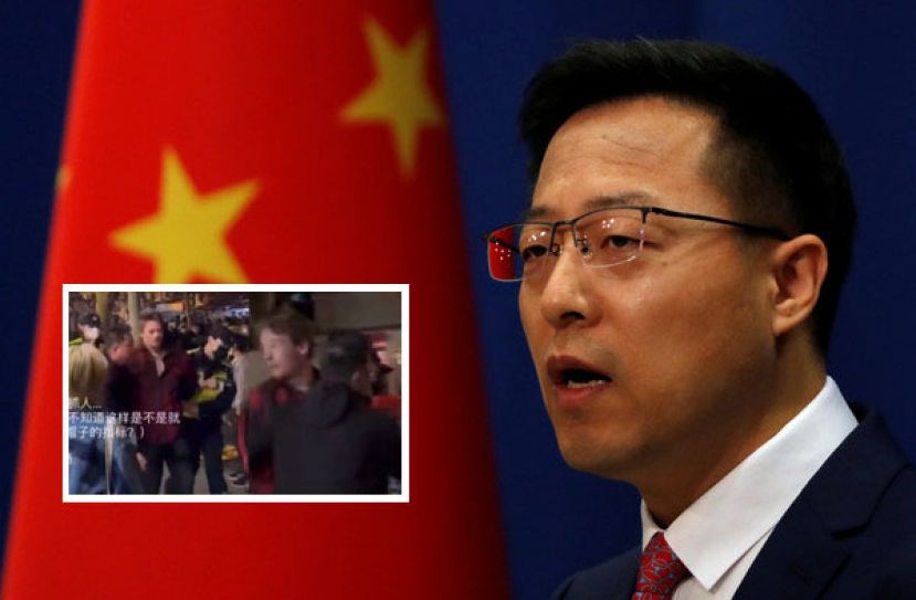 中国外交部发言人赵立坚。小图为BBC记者劳伦斯采访过程中被警抓走。