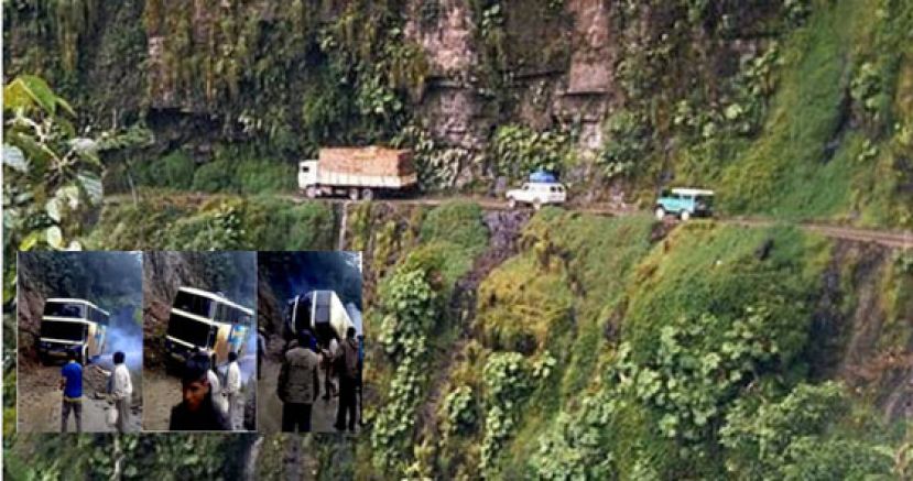 有&ldquo;死亡公路&rdquo;之称的永加斯路。小图为画面中巴士驾驶小心地通行过跟车身一样宽的道路，下一秒意外就发生了。