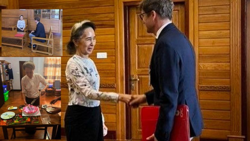 缅甸军政府公开昂山素姬与外宾见面的照片。左下图为昂山素姬切蛋糕。