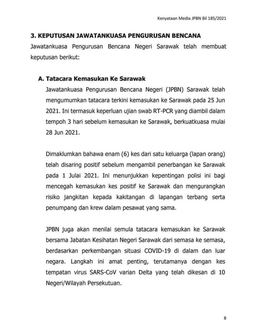 入境砂拉越3天前需进行RT-PCR检测。