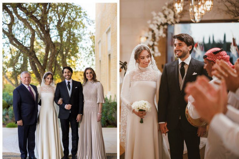 约旦长公主伊曼12日在首都安曼的皇宫举行私人婚礼。左图为约旦公主夫妇与约旦国王、王后。