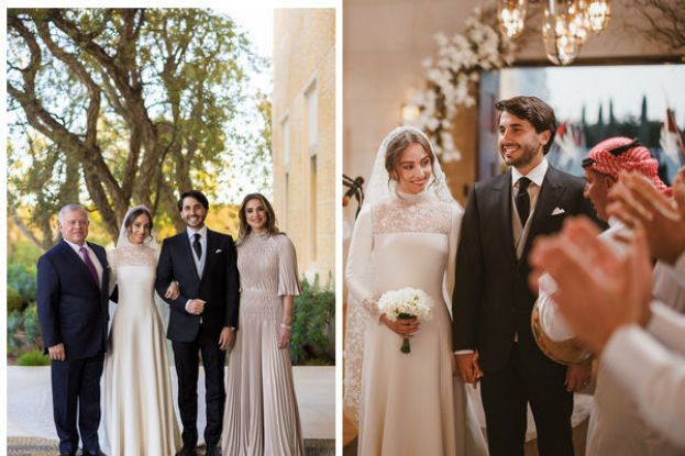 约旦长公主伊曼12日在首都安曼的皇宫举行私人婚礼。左图为约旦公主夫妇与约旦国王、王后。