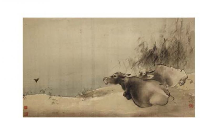 高奇峰的《双牛》虽临摹自日本画，但他加上个人风格，还有翠鸟与大牛对比，是岭南派传统中见创意的代表作。