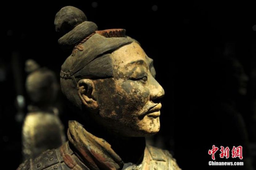 秦始皇兵马俑的跪射武士俑头部。