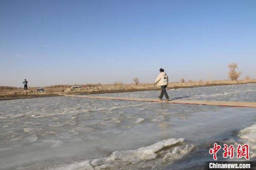 河水融化，通行危险，村民们在河上铺起木板路。