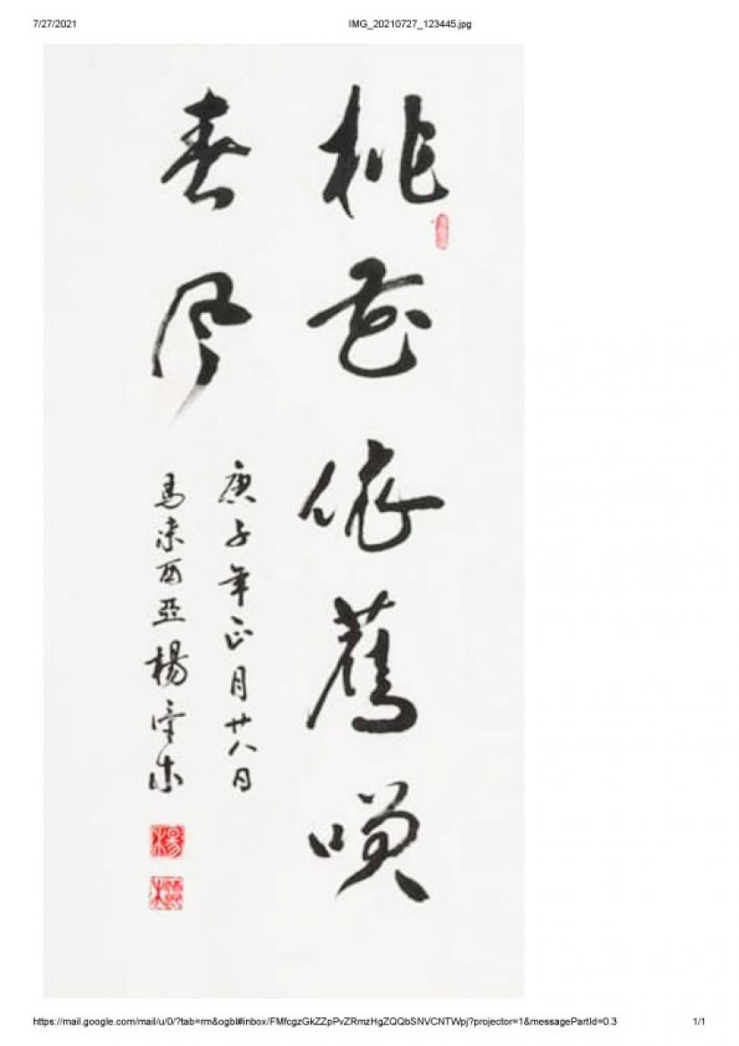 闲云野鹤书法学会会长杨添木作品成功入展&ldquo;中华墨韵世界看见&rdquo;为主题的44国华人艺术家献礼第44届世界遗产大会书画联展。