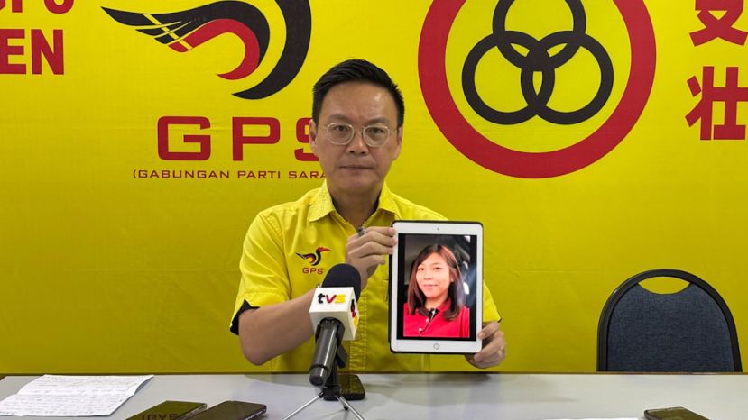 砂人联党公共投诉局主任符祥威向媒体叙述Elaine Ng赴港后失联事件。