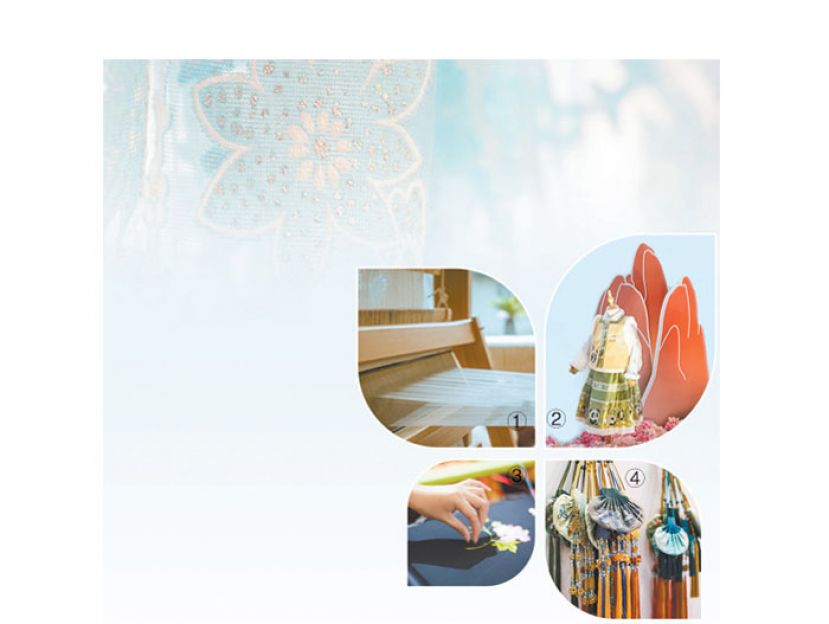 图①为缂丝织造机。图②图④为2021中国国际丝绸博览会展品。图③为蜀绣。