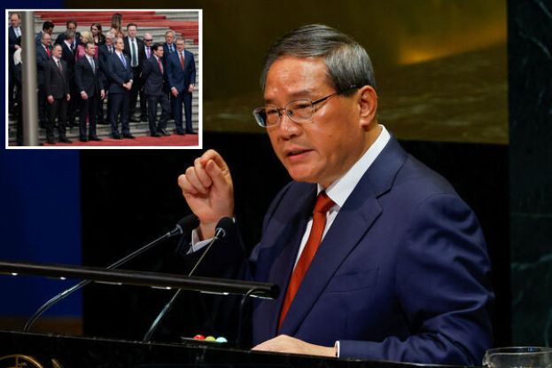 中国国务院总理李强。小图为马斯克、黄仁勋、库克等商界巨头随特朗普访问北京。