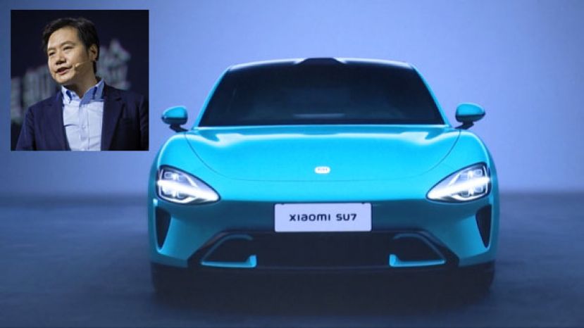 小米汽车SU7。小图为小米集团创办人雷军。