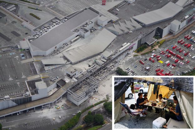 日本熊本县强震已确认造成35人不幸罹难。小图为目前27个市町村中，仍有超过9000人被迫过着避难生活。