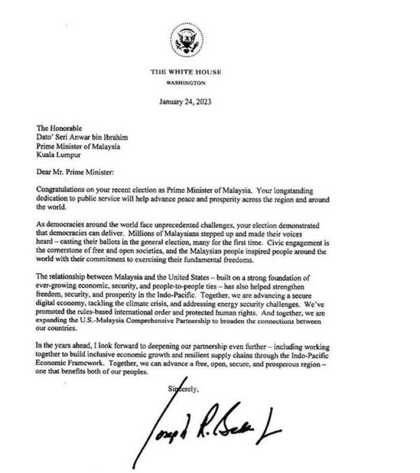 安华收到拜登贺函　赞扬大马展现民主进程