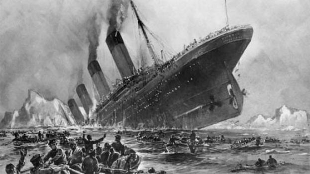  铁达尼号撞上冰山后悲惨场面模拟画。