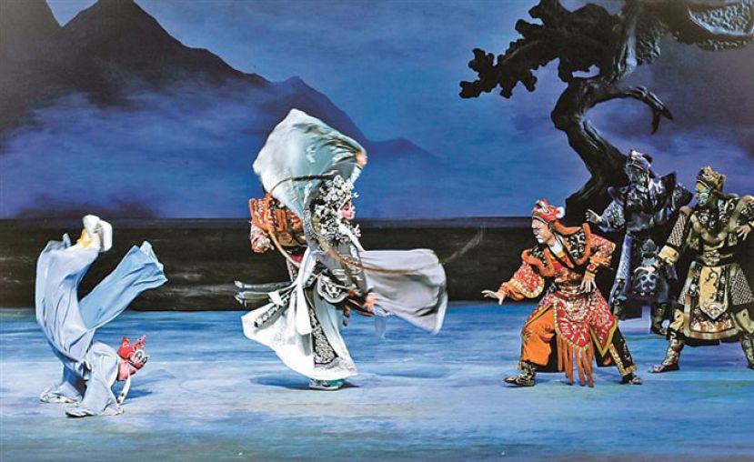 婺剧《三打白骨精》中，唐僧被白骨精追打时展现的武功&ldquo;倒插虎&rdquo;。资料照片婺剧《三打白骨精》中，唐僧被白骨精追打时展现的武功&ldquo;倒插虎&rdquo;。