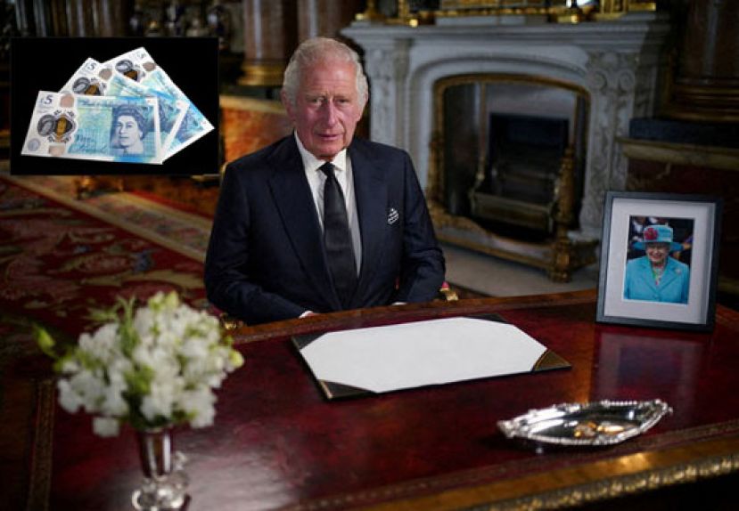 英国国王查尔斯三世登基后，英国货币也将进行改版。小图为印有英国女王肖像的5英镑币值钞票。