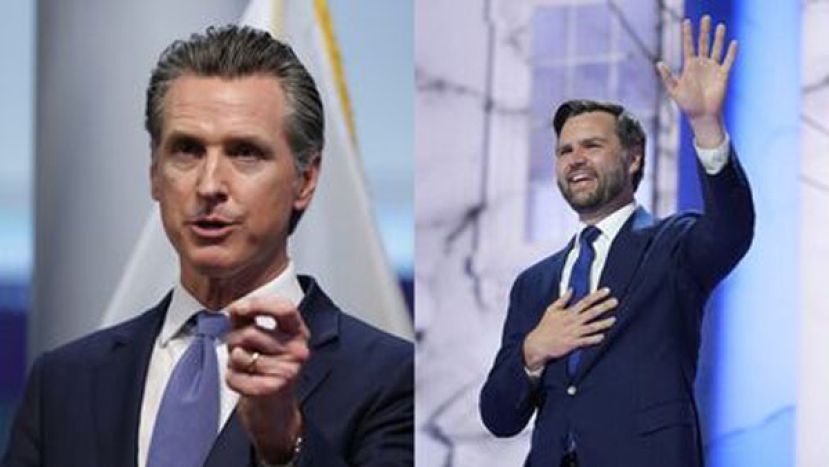 着眼2028年总统大选，范斯（右）获得党内最高支持，而民主党则以加州州长纽森（左）最被看好。