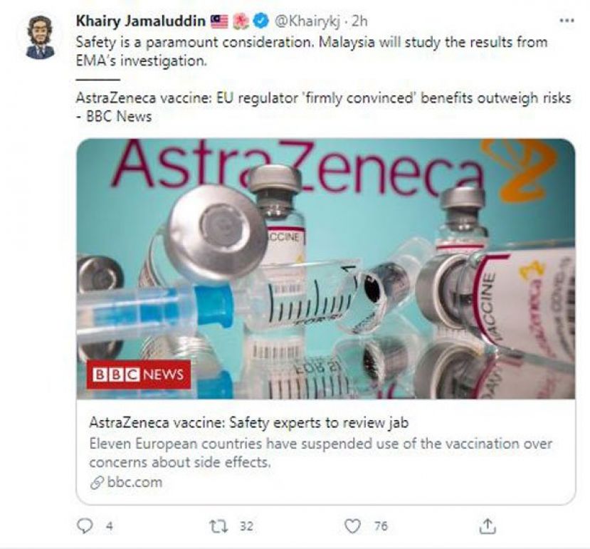 凯里是周三在推文中分享了英国广播公司（BBC）的报导，证明欧盟药品监管机构依然相信阿斯利康疫苗的好处大于风险  。